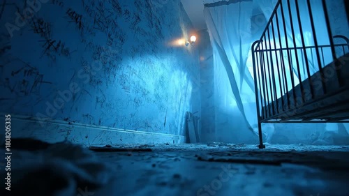 Creepy Abandoned Nursery with Distressed Blue Walls and Old Crib in Eerie Blue Light