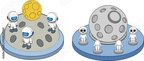 Tiny moon base built on a smooth round white stone, miniature sci-fi settlement with tiny structures, futuristic space outpost concept, clean minimal design, isolated on white background