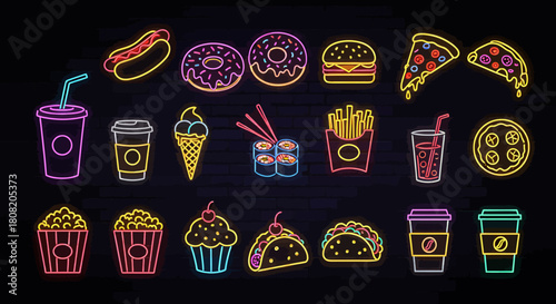 A vibrant collection of glowing neon fast food and snack icons, including pizza, burgers, and drinks, presented as vector illustrations on a dark background.