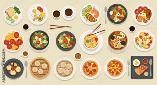 A vector illustration showcases a diverse assortment of global cuisine, including pizza, dumplings, salads, and breakfast plates, ideal for food-related designs and menus.
