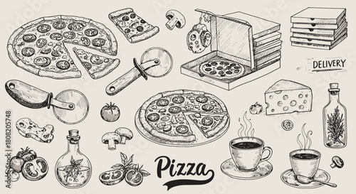 A detailed hand-drawn illustration showcases various pizza elements, including whole pizzas, slices, delivery boxes, and complementary ingredients, perfect for culinary and food-related designs.