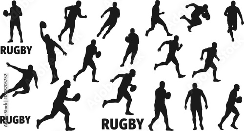 Silhouette vector illustration of rugby players running, tackling, passing and holding ball in action poses, dynamic sports collection design for athletic concept artworks
