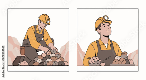 A miner kneels, sorting rocks, then looks up while holding a stone near a neat pile.