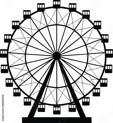 Ferris wheel silhouette icon, amusement park ride with passenger cabins, fairground entertainment attraction, carnival carousel outline, circular observation wheel illustration.
