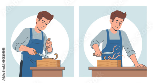 A craftsman using tools, carving wood, and shaping a wooden block.