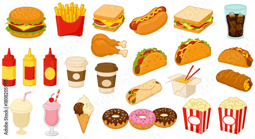 A vibrant collection of popular fast food items and refreshing beverages, including burgers, fries, tacos, and sweet desserts, depicted as clean vector illustrations.