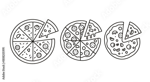 A collection of vector pizza illustrations, showcasing different styles and slices, perfect for culinary projects, food-related designs, and restaurant branding materials.