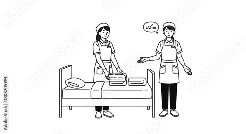 Two cartoon figures, one arranging towels on a bed, the other gesturing.