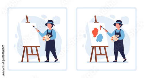 An artist stands before a blank canvas and then paints colorful shapes on it.