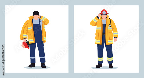 Two illustrations depict workers: one in overalls and a jacket, the other a firefighter in uniform.