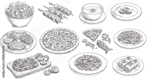 A detailed vector illustration showcases a variety of delicious food items, including pizza, steak, and other culinary delights, perfect for menus and food-related designs.