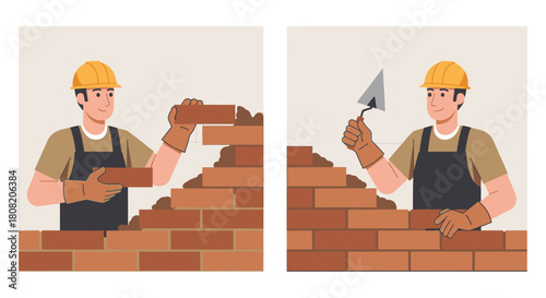 A construction worker building a brick wall, demonstrating the process of masonry.