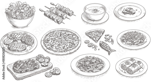 A vector illustration showcases an assortment of delectable food items, including pizza, steak, and various dishes, presented in a detailed, hand-drawn style for culinary projects.