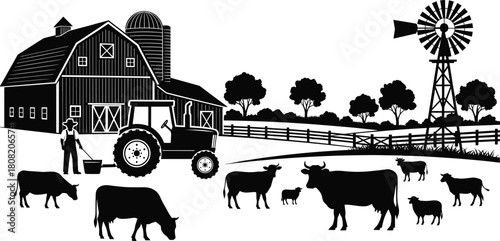 Silhouette vector illustration of rural farm scene with barn, tractor, farmer, cows, sheep, windmill, and trees, countryside agriculture landscape design, vintage farming art
