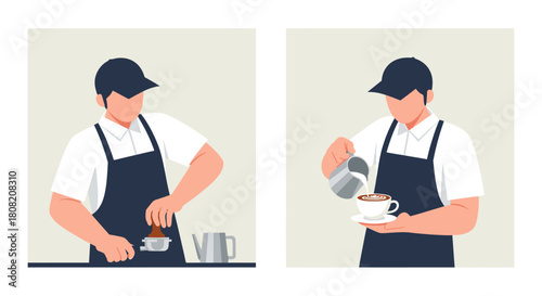 A barista preparing and pouring milk into a cup of coffee, creating a drink.