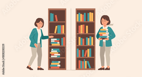 Two women interacting with bookshelves filled with colorful books, one holding a stack.