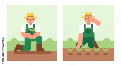 Farmer planting a seedling in a field, then wiping sweat from brow while kneeling in a row of planted seedlings.