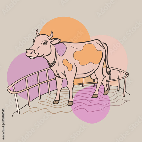 A stylized cow stands gracefully by a fence with colorful background