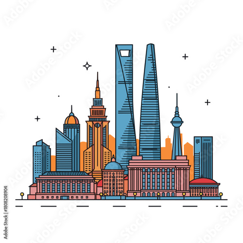 Flat vector illustration of modern city skyline with tall skyscrapers