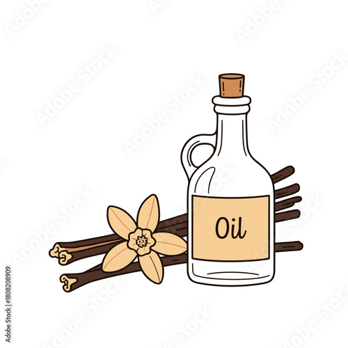Flat vector illustration of essential oil bottle with vanilla flower
