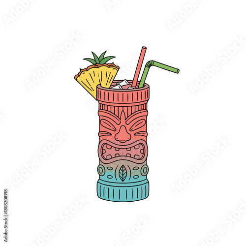 Flat vector illustration of tropical tiki cocktail with pineapple slice