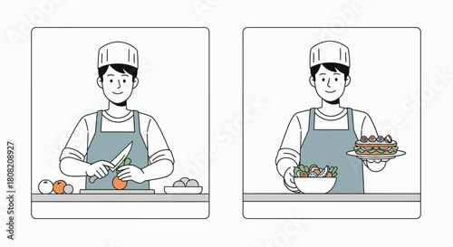 A chef preparing and presenting food, showcasing culinary skills in two panels.