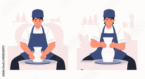 A person in an apron shaping clay on a pottery wheel, creating a vase.