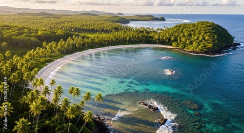 Fototapeta Naklejka Na Ścianę i Meble -  Aerial view of a tropical beach with turquoise water and lush vegetation.