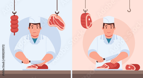 Two illustrations of a butcher cutting meat, showcasing preparation and display.
