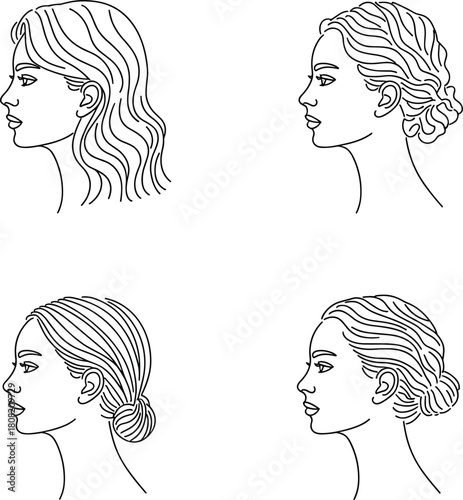 Elegant woman hairstyles collection vector illustration in black and white style