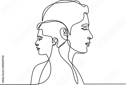 Minimalist single line drawing of two faces parent and child concept