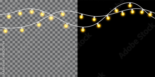 A string of illuminated yellow fairy lights on a white cord Vector design against a split background of a transparent checkerboard and black.