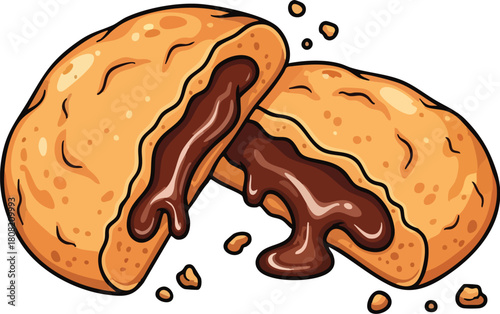 A broken chocolate-filled cookie with gooey chocolate center and crumbs on a white background, showcasing a sweet treat.