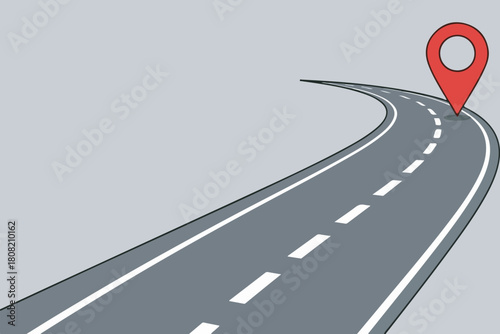  A curved road with dashed center line and a location pin at endpoint, clean navigation icon vector art,