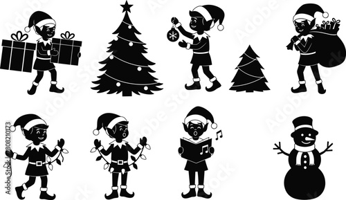 Carrying Presents, Decorating Tree, Caroling, Holding Lights, and Snowman, Representing Holiday Preparation and Winter Fun.