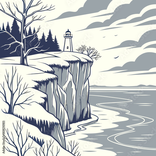 Seascape with lighthouse on a cliff in winter isolated on