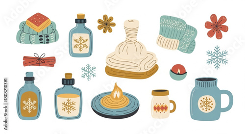 Cozy Winter Spa Elements – Vector Illustration