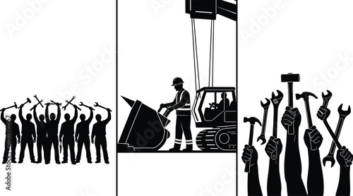 Construction Workers, Engineers, and Laborers Unite with Tools, Excavator, and Bulldozer on a Job Site, Symbolizing Teamwork, Industry, and Protest.