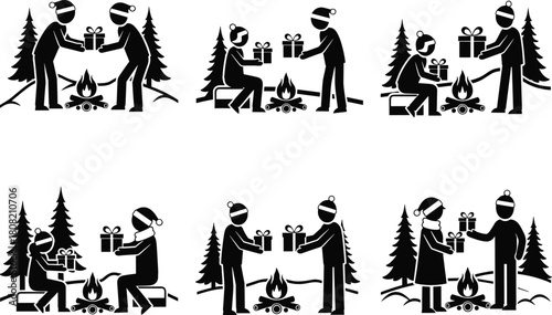 Couple and Friends Exchanging Gifts by Campfire, Pine Trees, and Snow, Symbolizing Christmas and Outdoor Celebration.