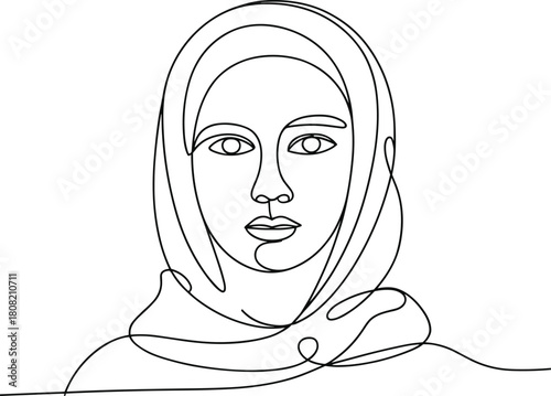 Elegant continuous line drawing of a woman wearing a headscarf vector illustration