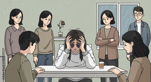 Burnout and Fatigue Concept with Depressed woman– Vector Art