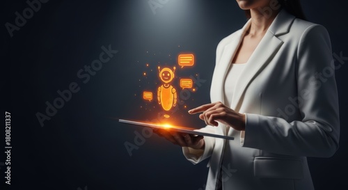 Woman interacts with digital assistant hologram on tablet using technology for modern communication and interactive customer service