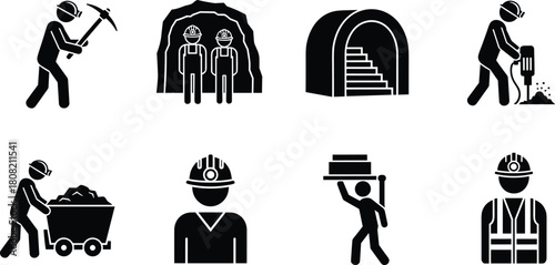 Digging with Pickaxe and Jackhammer, Pushing Mine Cart, Tunnel Entrance, and Industrial Safety Uniforms.
