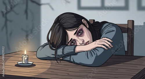 Stressed girls Sitting at Desk – Vector Illustration