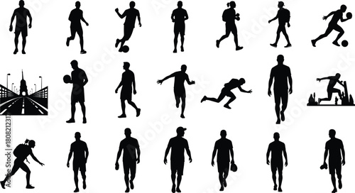 Featuring Athletes, Joggers, Backpackers, and Urban Cityscape Backgrounds, Representing Active Lifestyle and Sport.