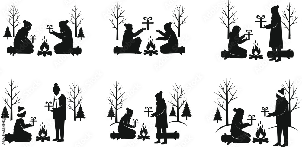 Fototapeta premium Figures by Campfire and Bare Trees, Representing Cozy Holiday Celebrations, Friendship, and Outdoor Moments.