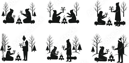 Figures by Campfire and Bare Trees, Representing Cozy Holiday Celebrations, Friendship, and Outdoor Moments.