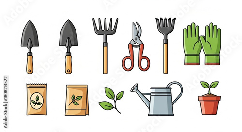 Gardening Tools on Soil Rows – Vector Illustration
