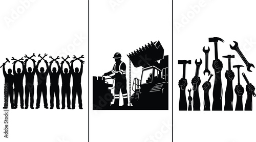 Industrial Workers, Raised Fists, Tools, and Construction Machinery Symbolizing Union Power and Unity