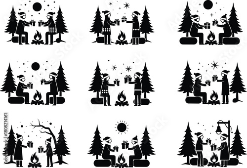 People by Campfire and Pine Trees, Representing Christmas, Winter, Snow, Friendship, and Outdoor Celebration.